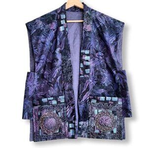 HANDMADE Boho Open Front Embroidered Vest Abstract Floral Purple Sz L